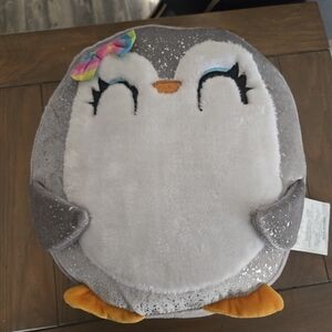 Gray and White Penguin Plush with Rainbow Bow